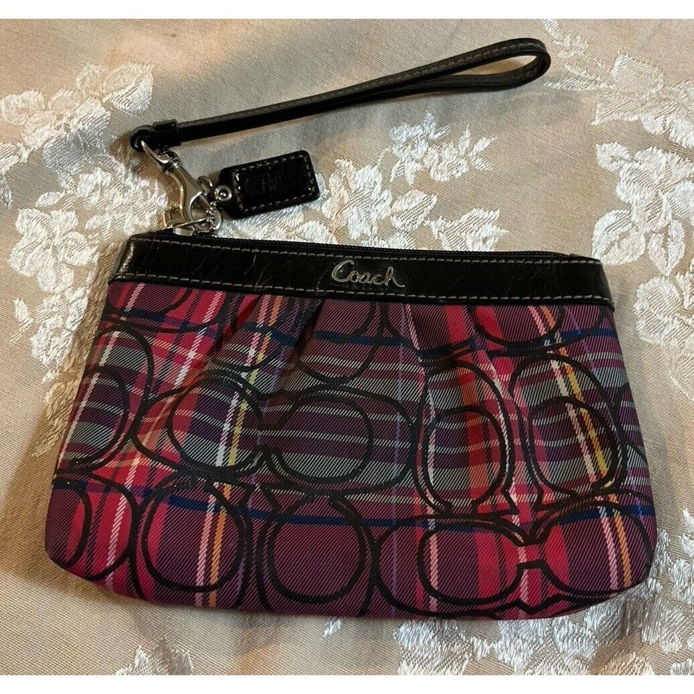 COACH Signature Poppy Tartan Plaid Glitter Mini Wristlet 7"